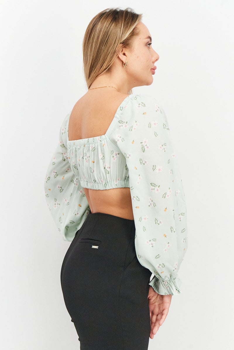 Love Triangle Women Square Neck Puff Sleeve Floral Top, Mint - Image 2
